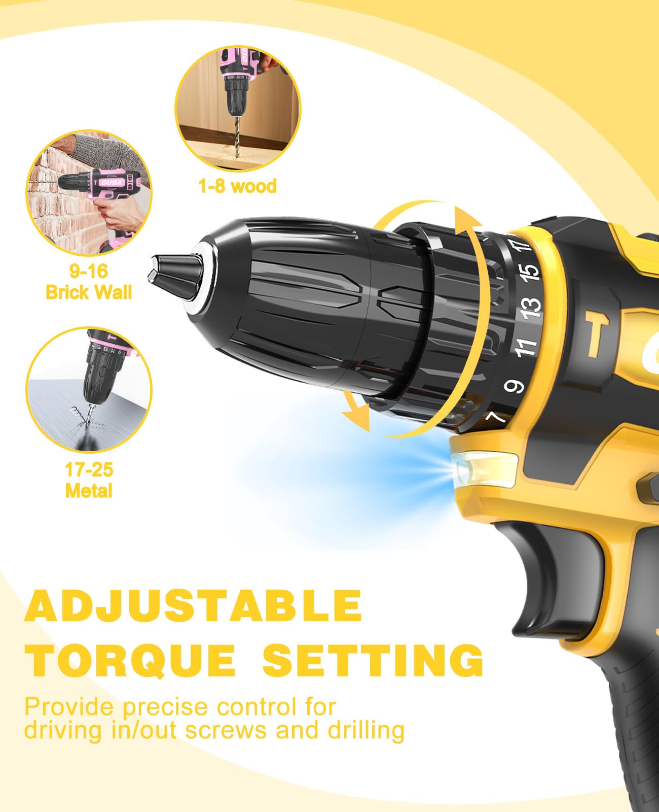 OUBA Cordless Drill Set, 12.8V Lithium Lon Power Drill Cordless with Battery and Charger, 2 Variable Speeds, 3/8