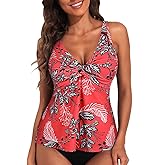 Hilor Women's Underwire Tankini Top Bathing Suit Front Twist V-Neck Swimsuit