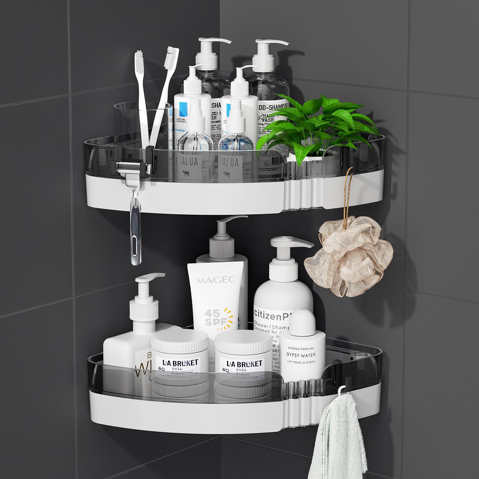 Photo 1 of UIFER 2-Pack Corner Shower Caddy Shelves - Bathroom Storage Organizers for Shampoo, Conditioner, Soap, and More - Removable, No-Drill Design for Easy Installation - Ideal for Bathrooms and Kitchens