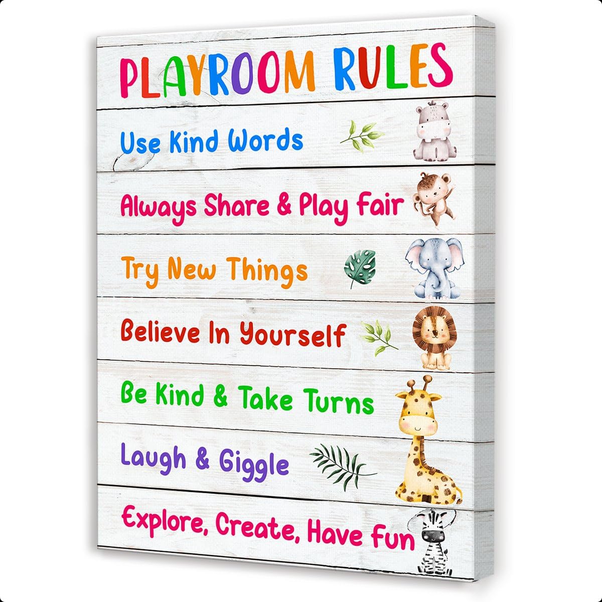 Photo 1 of Playroom Rules Canvas Wall Art,Playroom Essentials Framed Canvas Print Painting for Kids Room Classroom Preschool Nursery Wall Decor 12x15inch