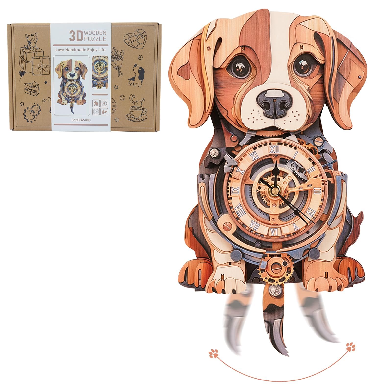 Llicubics 3D Wooden Puzzle Wall Clock - Beagle Dog DIY 3D Building Models for Adults, Craft Kits for Men & Women, Unique Home Decor, Christmas Creative Gifts for Dog Mum Dad Lovers