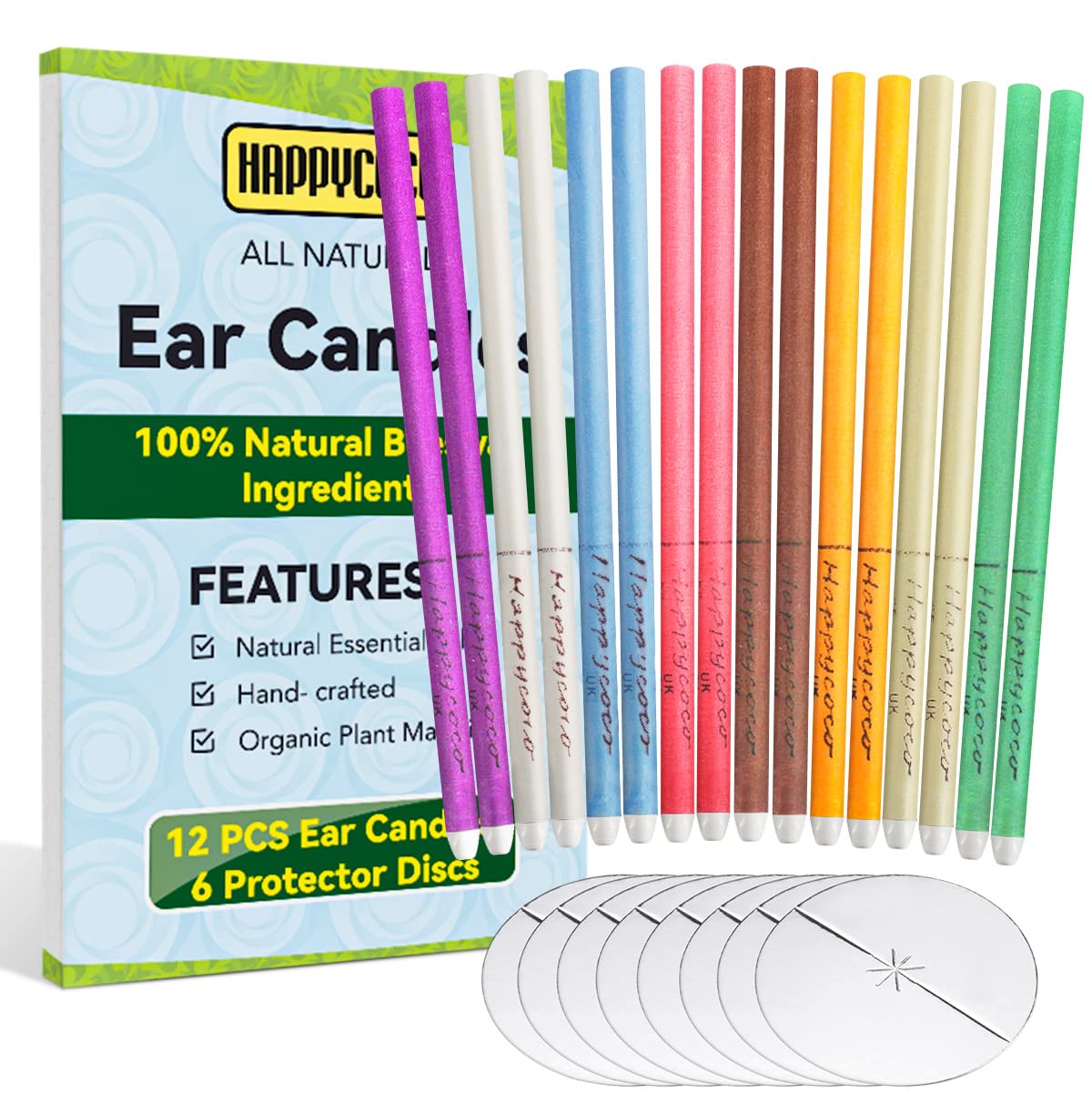 Happycoco All Natural Ear Candles Beeswax Candling Cones - 16 Pcs (8 Colours), 100% Non-Toxic Cylinders Fragrance Hollow Cone Candles with 8 Protective Disks (Upgraded)