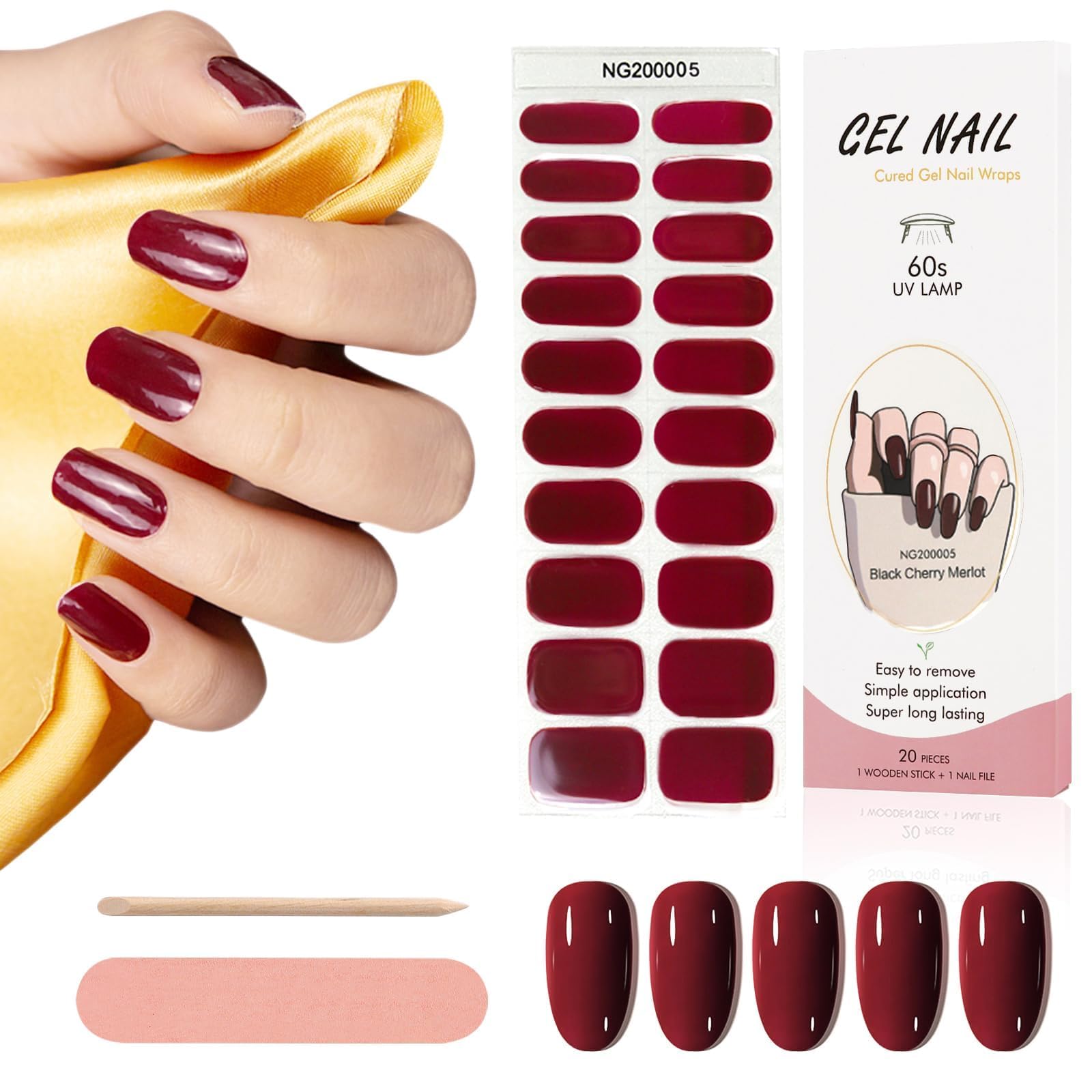 Kalolary 20PCS Cured Nail Strips, Full Wraps Self-Adhesive Gel Nail Wrap Stickers Decals (UV/LED Lamp Required) (Wine Red) — image 1