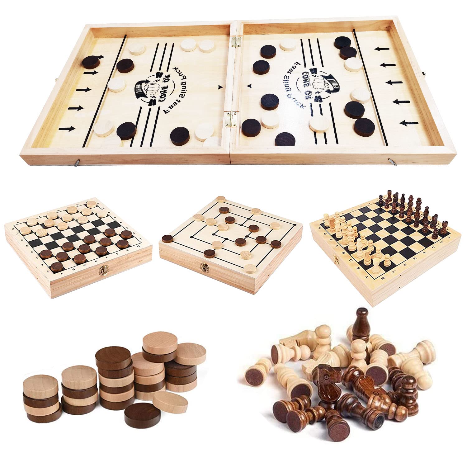 TUAHOO 4 in 1 Wooden Board Games for Adults Kids Family Games Slingshot Fast Sling Puck Game Large Foosball Winner Board Games Table Hockey Game Wooden Chess Checkers Nine Mens Morris