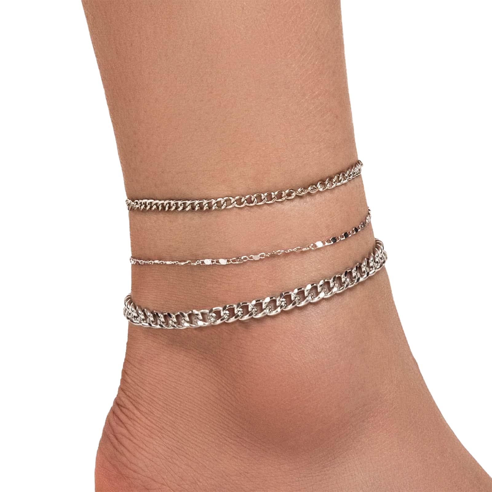 Yienate Boho Silver Cuban Chain Anklet Bracelet Layered Satellite Chain Ankle Chain Summer Beach Foot Chains Fashion Multi-Layered Anklets 3Pcs Set Foot Jewellery Gift for Women Girls