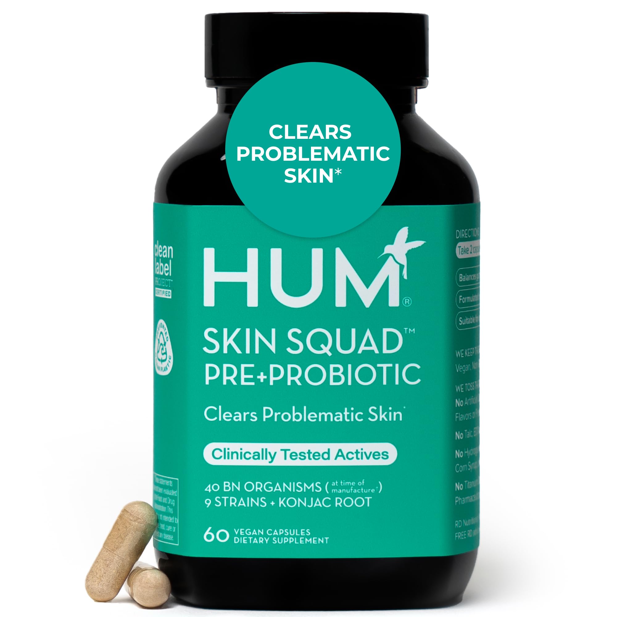 HUM Skin Squad - Probiotic Supplement for Clear Skin & Gut Health - Microbiome Probiotics for Breakouts (60-Count)