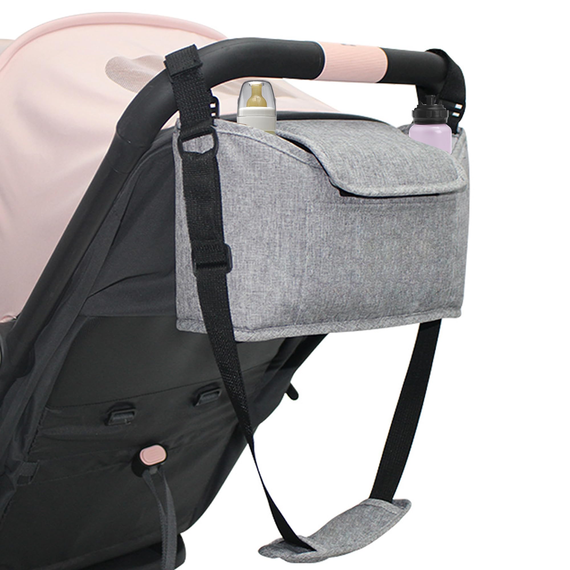 SUQ Pram Organiser with Cup Holder, Can be Carried or Hung, Baby Pushchair Organiser, Large Capacity Stroller Organiser Bag, Stroller Organiser Bag, Pushchair Accessories, Separate Layers (Grey)
