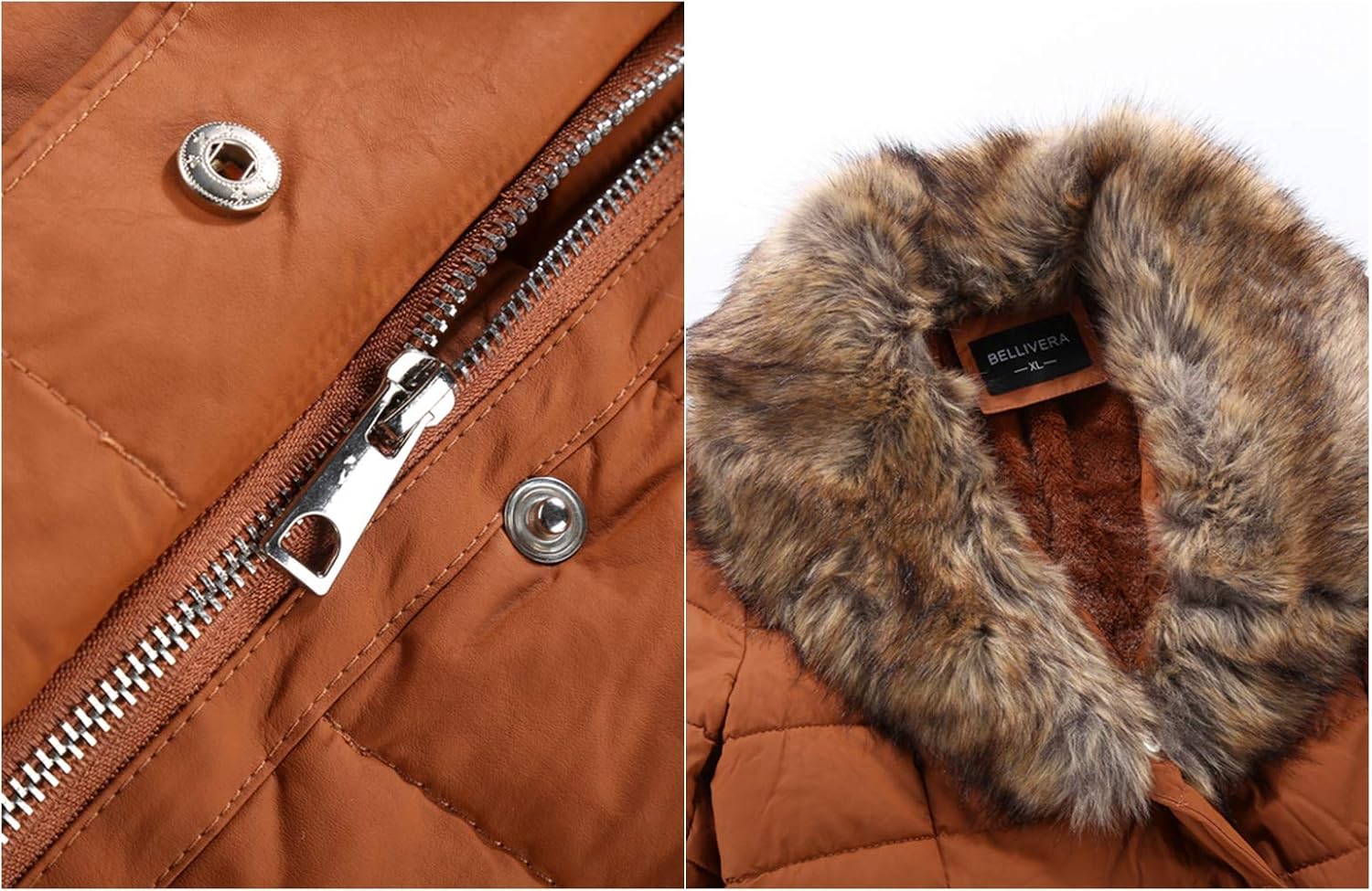 Bellivera Faux Leather Puffer Padding Long Jacket,Women Winter Bubble Coats with Detachable Faux Fur Collar: Clothing