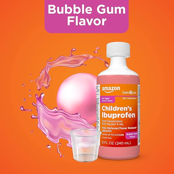 AMAZON BASIC CARE CHILDREN’S IBUPROFEN ORAL SUSPENSION 100 MG PER 5 ML, PAIN RELIEVER AND FEVER REDUCER (NSAID), BUBBLEGUM, FOR MINOR ACHES AND PAINS, HEADACHE RELIEF AND MORE, 8 FL OZ (PACK OF 1)