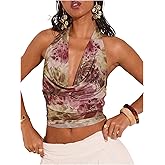 SOLY HUX Women's Cowl Neck Halter Tops Mesh Floral Deep V Neck Draped Front Backless Summer Going Out Crop Tank Tops