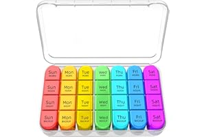 Zoksi Weekly Pill Organizer 4 Times a Day, 7 Day Pill Box, Large Travel Pill Case, Daily Medicine Organizer Container with 28 Portable Compartments for Fish Oils, Vitamins or Supplements (Rainbow)