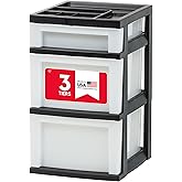 IRIS USA Plastic Drawer Storage Organizer Rolling Cart, 3-Drawers, for Classroom Art Craft Supplies Dresser Closet Bathroom Laundry Room, Black/Pearl