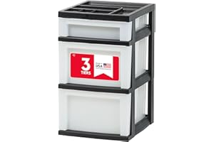 IRIS USA Plastic Drawer Storage Organizer Rolling Cart, 3-Drawers, for Classroom Art Craft Supplies Dresser Closet Bathroom Laundry Room, Black/Pearl