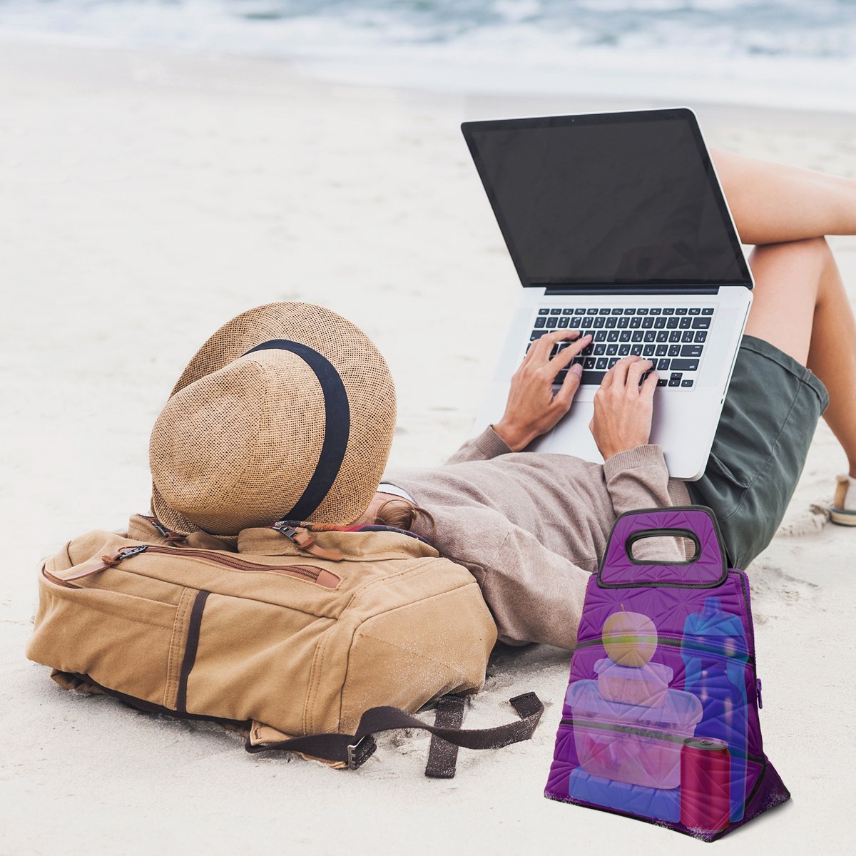 Metric USA Lunch Tote Bag with Odor-eliminating Pouch, Reusable & Portable Insulated Lunch Box Cooler Bag to Work, School, Picnic & Food Holder with Zipper stash pocket for Women, Men and Kids(Purple)