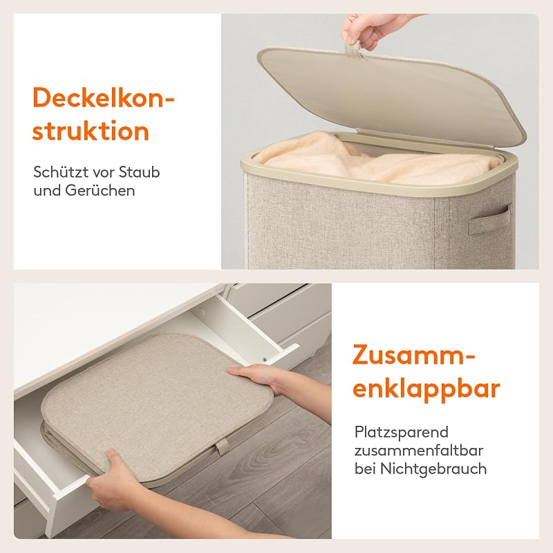 105L Wäschekorb mit Deckel, faltbarer Wäschesammler, Beige