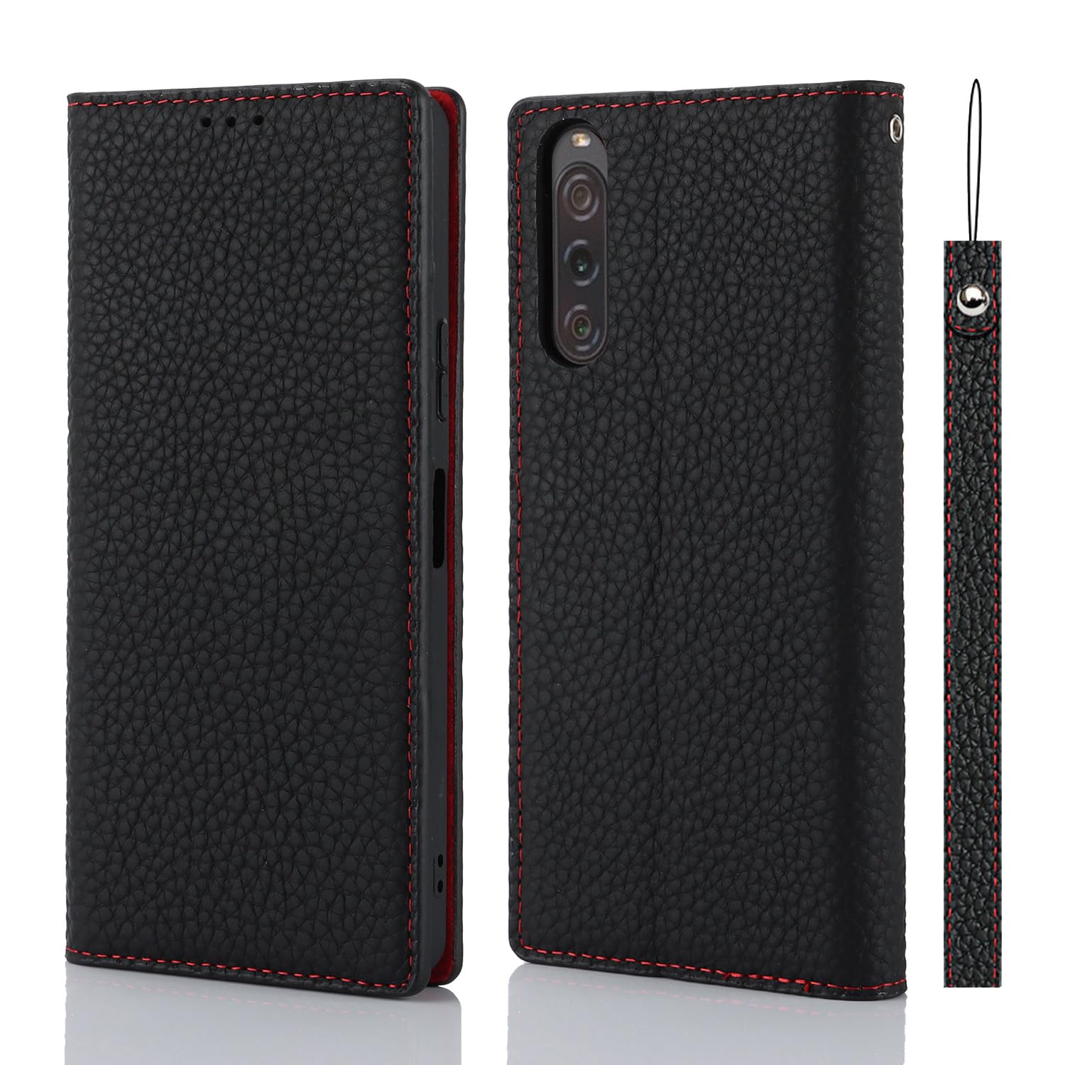 Cavor Phone Case Sony Xperia 10 V with Strap,Genuine Leather Flip Wallet Case,[3 Card Holder][Magnetic Closure][RFID-Blocking],Protective Case Cover for Sony Xperia 10 V - Black — image 1