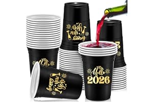 Mifoci 100 Pack Happy New Year Disposable Thick Cups 16oz Happy New Year 2026 Holiday Cups Decorations for Festive Party Favors Eve Party Supplies, Gold and Black