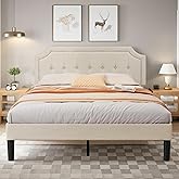 VECELO Queen Size Platform Bed Frame with Fabric Upholstered Headboard and Wooden Slats Support, No Box Spring Needed/Easy Assembly,Beige