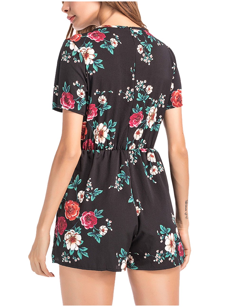 Ayliss Womens Short Sleeve Plunge V Neck Floral Lace-Up Loose Romper Playsuit,Black L