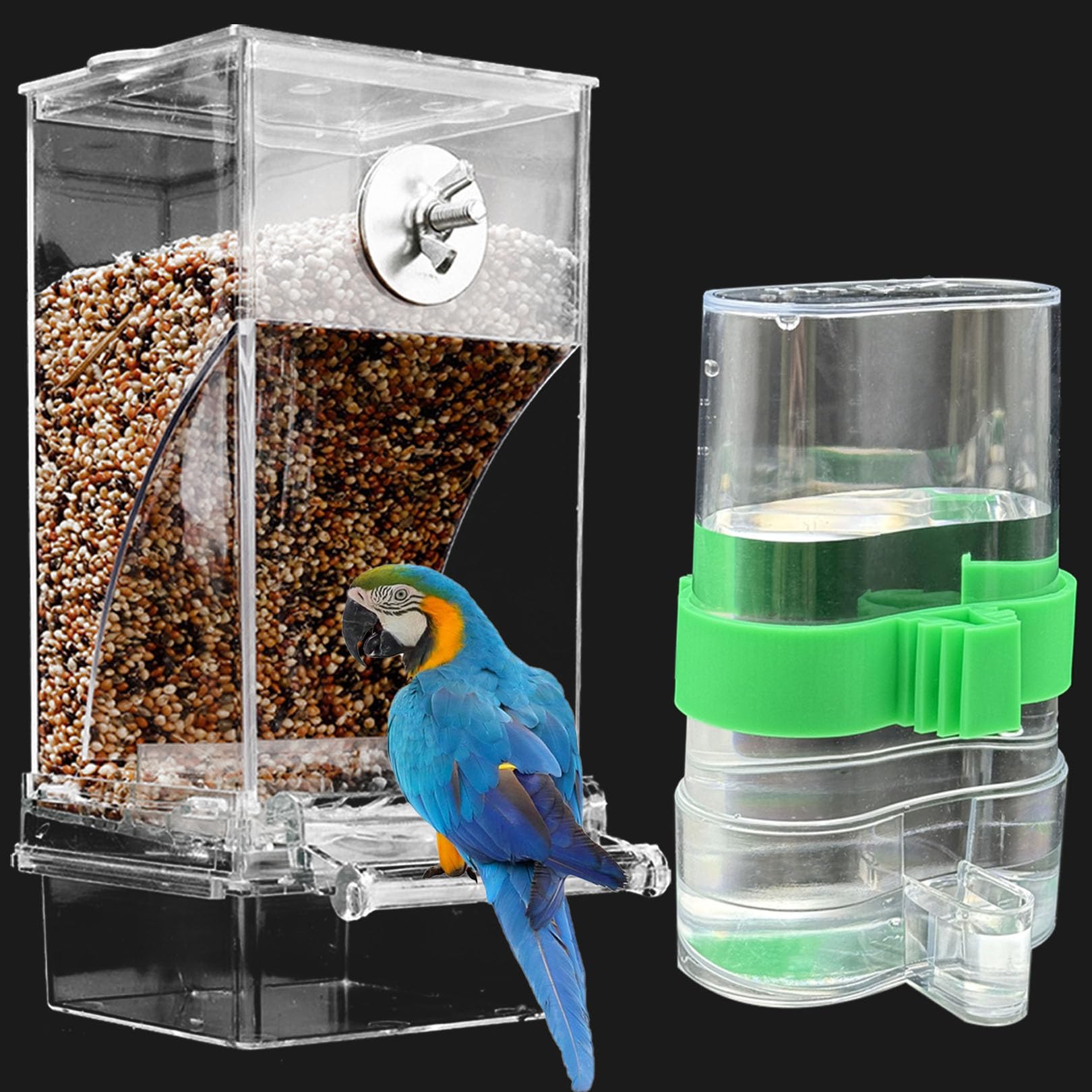 Photo 1 of *DAMAGE** No Mess Bird Feeder Water Dispenser Set, Automatic Transparent Parrot Feeder Acrylic Parrot Food Container Drinker Cage Accessories for Small Birds Parakeet Canary Finch Cockatiel Lovebirds