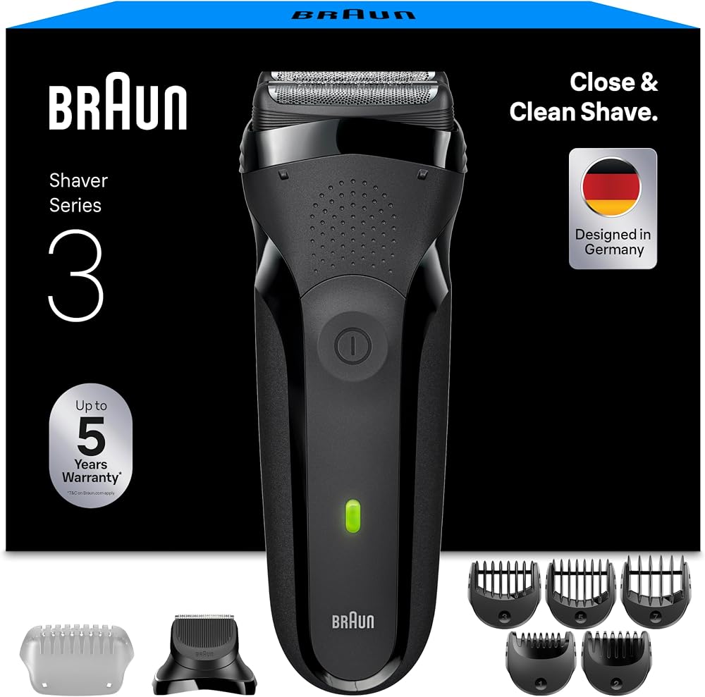 Braun Series 3 300BT Shaver Grey Dry Wet 3 Flexible Blades Beard Trim 5 Combs