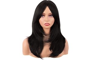 MapofBeauty 20 Inch/50 cm Long Layered With Bangs Straight Synthetic fiber Shoulder Length Hair for Daily Use or Party Wig (Black)