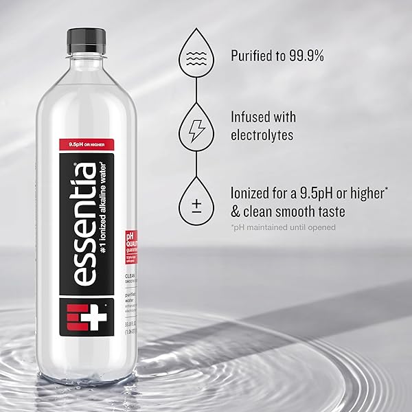 ESSENTIA BOTTLED WATER, 1 LITER, PACK OF 6 BOTTLES; 99.9% PURE, INFUSED WITH ELECTROLYTES FOR A SMOOTH TASTE, PH 9.5 OR HIGHER; IONIZED ALKALINE WATER
