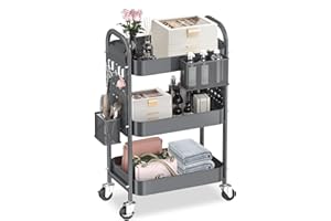 ALVOROG 3 Tier Rolling Cart with DIY Pegboards Metal Utility Cart with Wheels Handles Baskets Hooks, Storage Cart for Office Kitchen Bathroom(Gray)