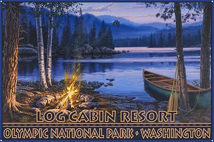Amazon Com Log Cabin Resort Washington Lake Canoe Fire Metal Art