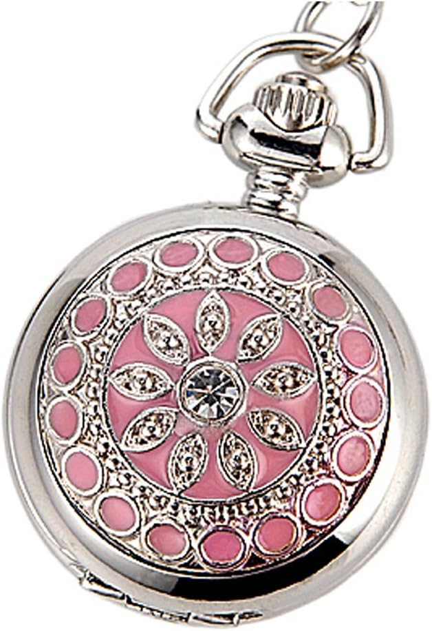 Hydia Pocket Watch for Girls Ladies Silver and Pink Quartz Movement Pendant Necklace 32inch Chain