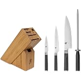 Shun Classic 5 Piece Slimline Block Set | Includes 8" Chef, 3.5" Paring &amp; 6" Utility Knives, Handcrafted, Damascus Stainless Steel Cladding, Pakkawood Handle