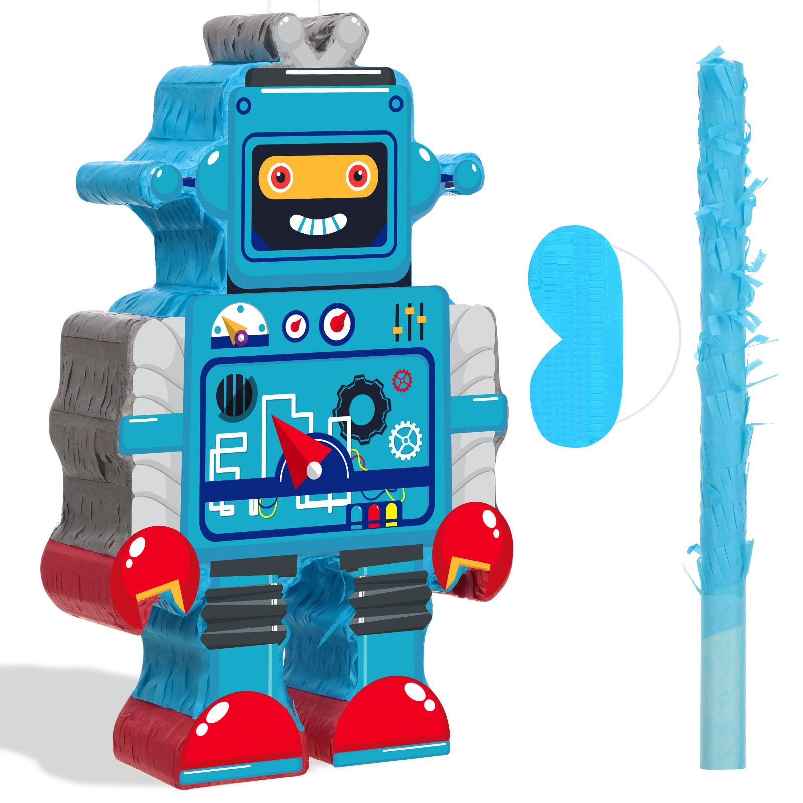 Photo 1 of Harrycle Robot Piñata with Red Blue Stick Tassel Eye Mask Double Tassel Piñata Set for Boys Girls Birthday Party Baby Shower Robot Theme Party Decoration, 16.1 x 10.2 x 3.2 Inch