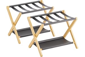 VOVALA Luggage Rack, Set of 2, Folding Suitcase Stand with Storage Shelf, Premium Bamboo Luggage Holder for Guest Room, Bedro