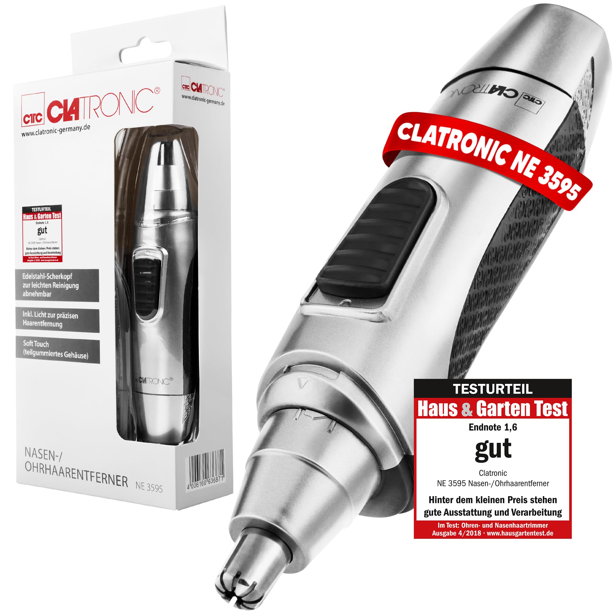 Clatronic® Nasenhaartrimmer Herren | auch für Ohrhaare | mit Licht | Soft-Touch-Gehäuse | Edelstahl-Scherkopf (abnehmbar) | Nasenhaarentferner | Nasenhaare entfernen | Nasentrimmer | NE 3595 9