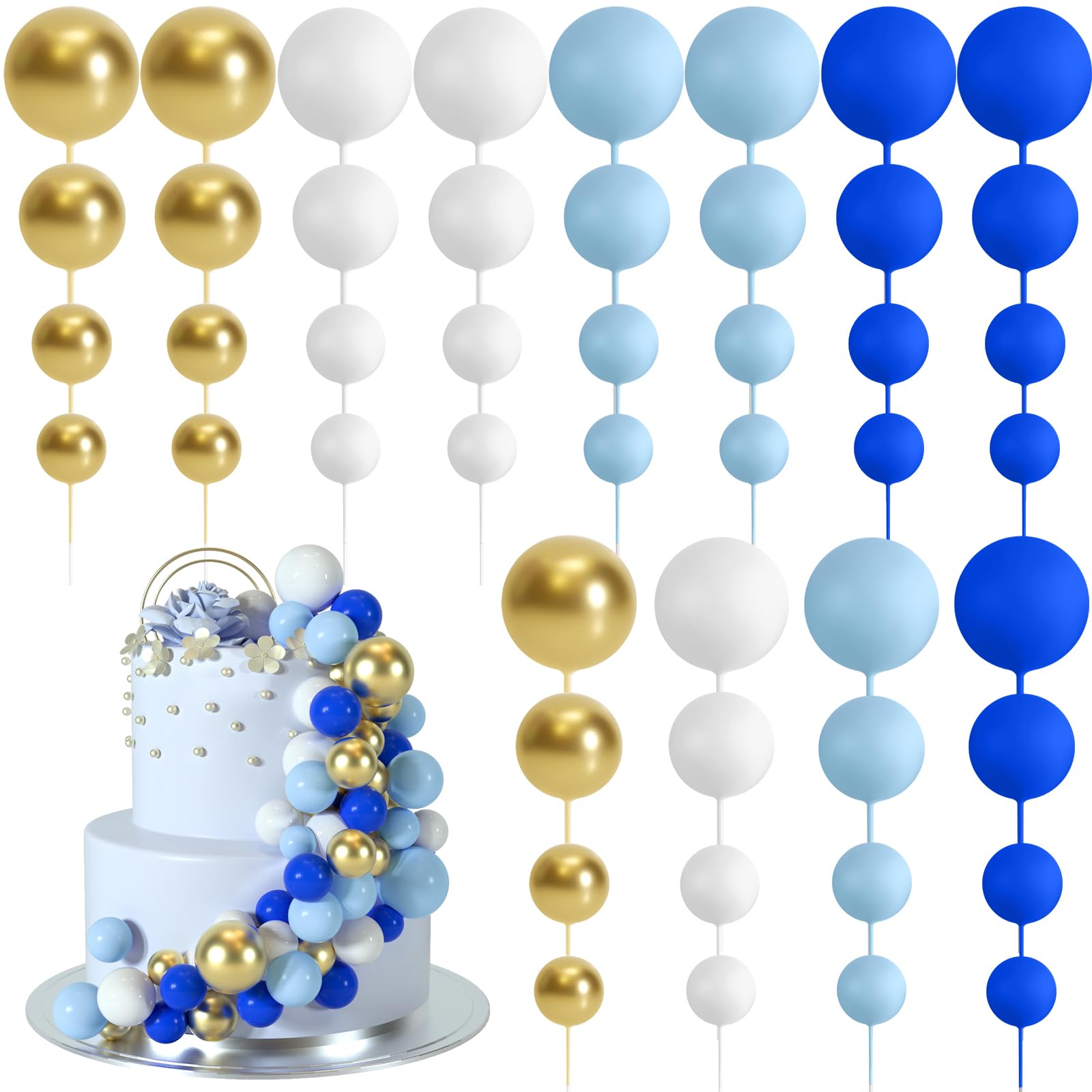 Photo 1 of BOUBONI 48 Pcs Balls Cake Topper Decorations Balloon Cupcake Toppers Foam Cake Topper Balls Cake Balls Decorations for Birthday Party Wedding Cake Decorating (Royal Blue, Light Blue, White, Gold)