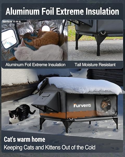 HEATED CAT HOUSE FOR OUTSIDE,EXTREMELY WEATHERPROOF&INSULATED IN WINTER,ELEVATED OUTDOOR CAT SHELTER WITH WATERPROOF EAVES&ESCAPE DOOR FOR FERAL STRAY BARN CATS(DARK GREY,S)