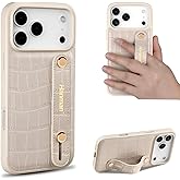 Hanman for iPhone 17 Pro Max Leather Case with Adjustable Wristband Strap Kickstand,Hand Strap Leather Case for iPhone 17 Pro Max,Crocodile Pattern HandStrap Kickstand Cover-Beige
