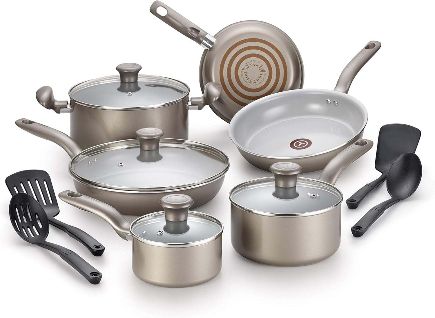 T-fal G919SE64 Initiatives Ceramic Nonstick Dishwasher Safe Toxic Free 14-Piece Cookware Set, Gold: Kitchen & Dining