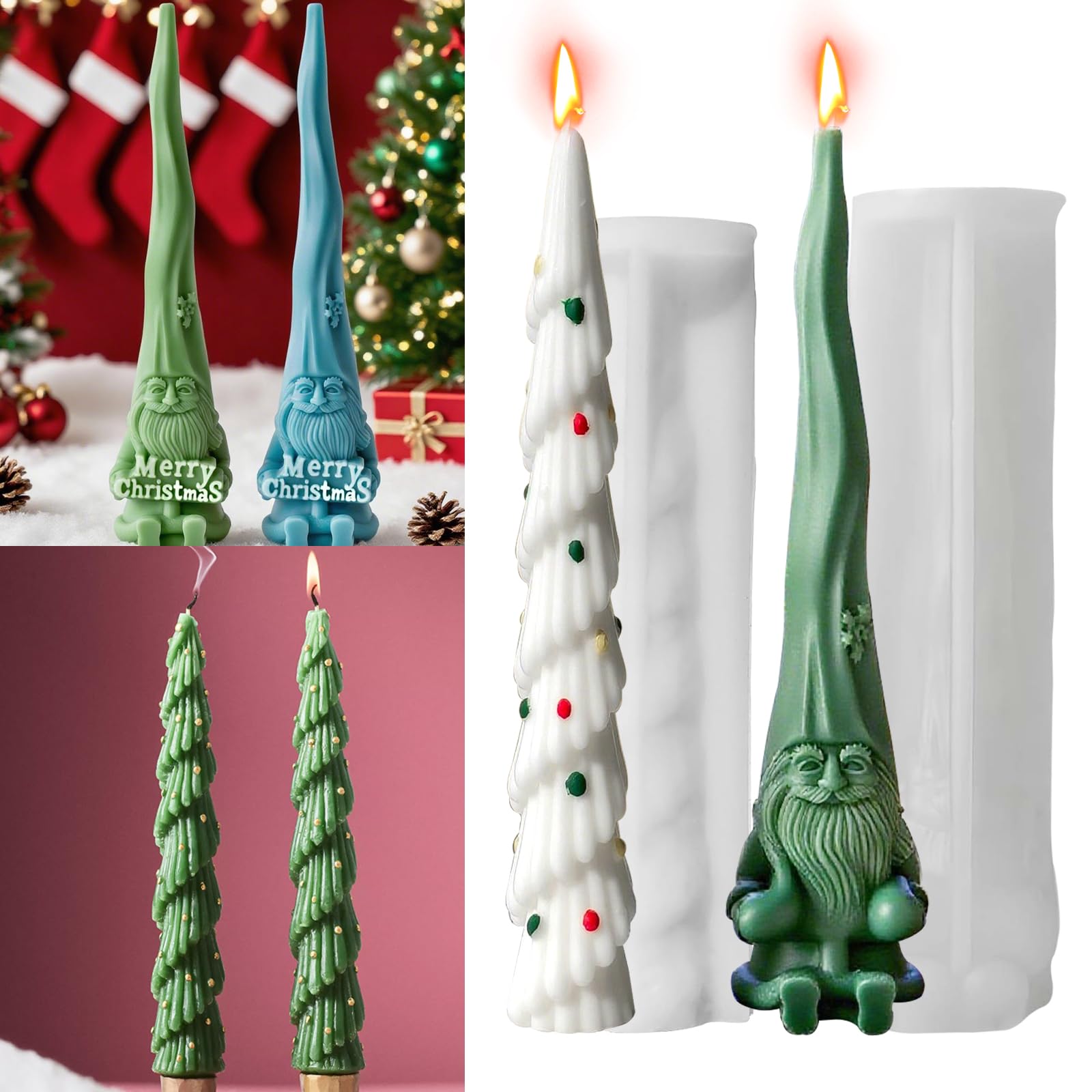 Photo 1 of 2 PCS Christmas Tree Long Candle Molds,3D Santa Claus Candle Mold Pillar Candlestick Candle Mold for DIY Handcraft,Gift Wedding Party Home Dinner Festive Days