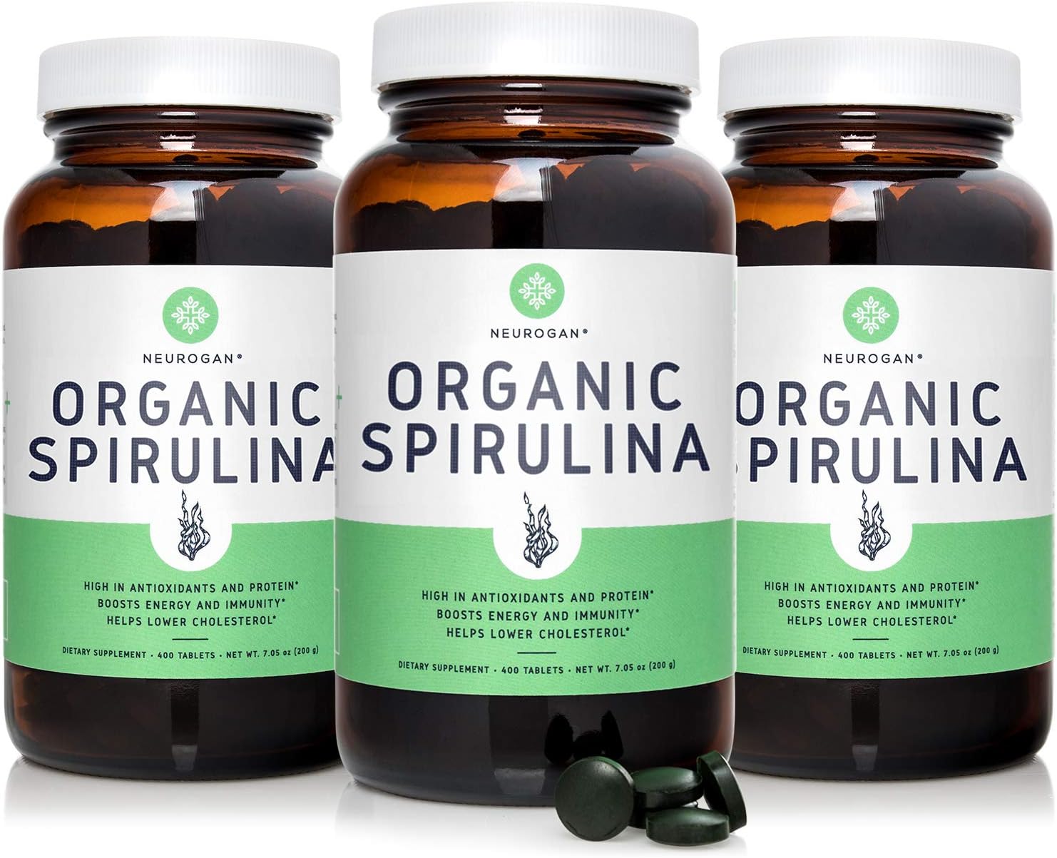 Neurogan Organic Spirulina Tablets USDA Certified, 500mg Tablets, 3-Pack – Raw, Natural & Pure Vegan Algae Superfood Rich in Vitamins, Minerals & Protein – Non-Irradiated, Non-GMO