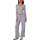 AGYMNX 2 Piece Sets for Women Long Sleeve Off-shoulder Stripe Print Crop Top and Wide Leg Pants Casual Tracksuits