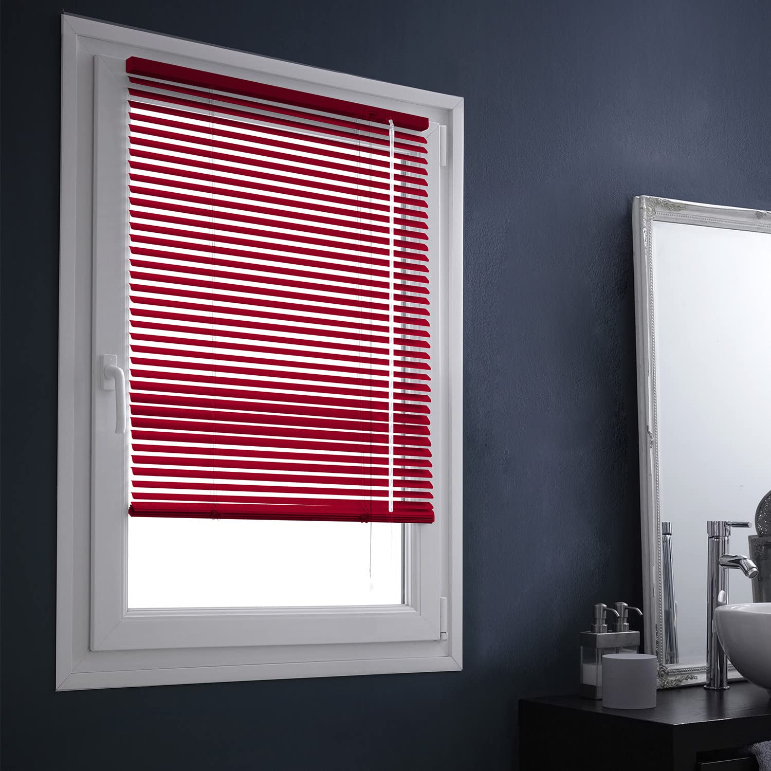 MADECOSTORE Easy Red Aluminium Venetian Blind - L87 x H150 cm - Self-Locking Mechanism - Strips 25 mm - No Drilling