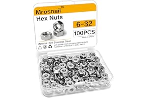 MROSNAIL 100Pcs SAE 6-32 Hex Nuts, 304 Stainless Steel Hardware Nuts, Full Thread Hex Drive, for Electrical Boxes, Electronics, Light Fixtures