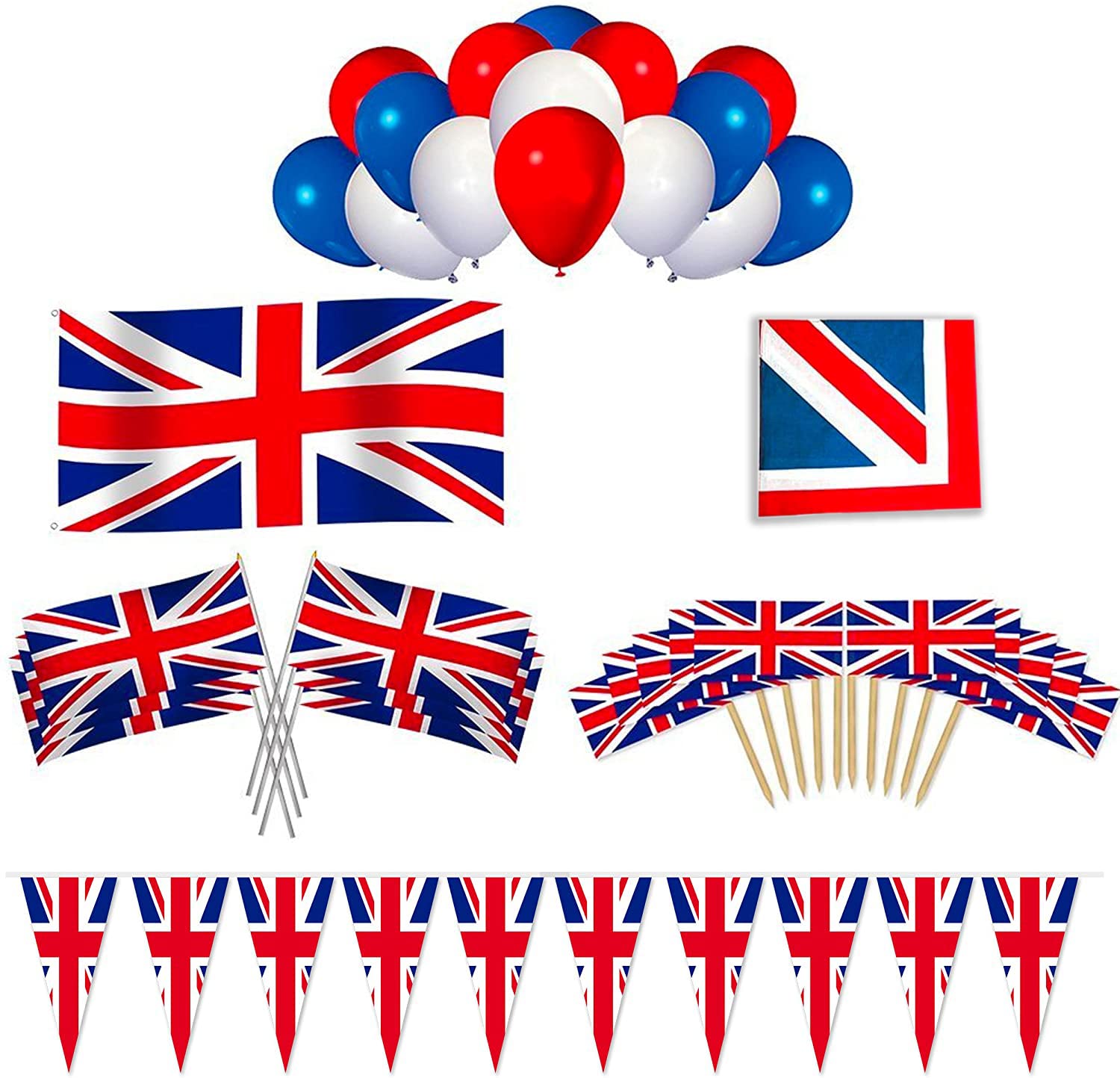 Union Jack Party Set: Balloons/Bunting/Hand Flags/Cocktail Sticks/Flag/Bandanna