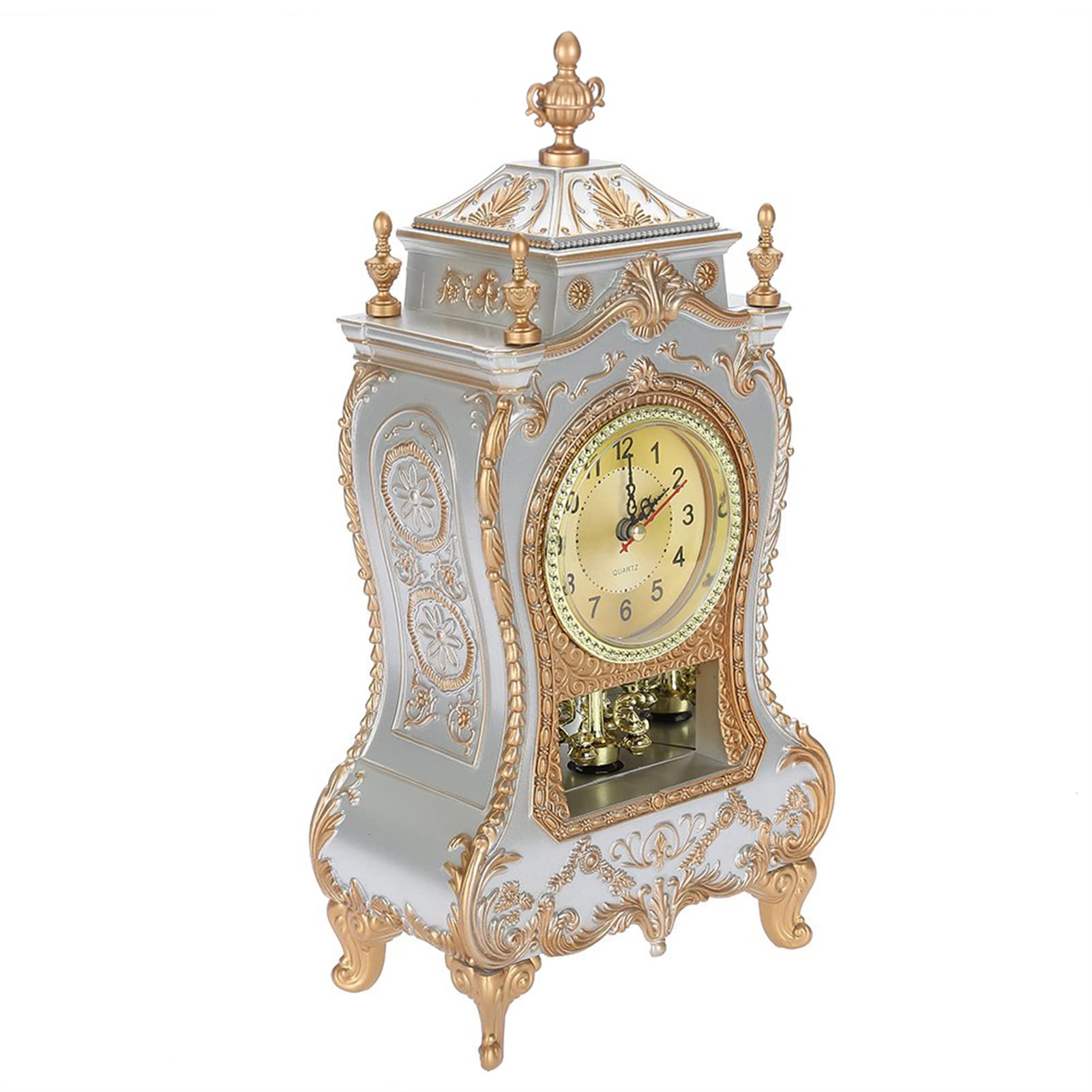 Vintage Clock, Exquisite Vintage Desk Clock Antique Home Hotel Decorative Table Clock with 12 Songs (White)