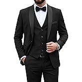 MY'S Mens 3 Piece Suit Set, One Button Shawl Lapel Tuxedo, Slim Fit Dinner Jacket Vest Pants & Tie, for Party Wedding Proms