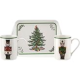 Spode Christmas Tree Nutcracker 10oz Mug & 8" Tray Set (3-Piece Set) - Festive Porcelain Mugs with Melamine Tray, Dishwasher & Microwave Safe - Holiday Gatherings & Entertaining