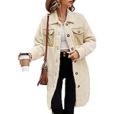 EVALESS Fuzzy Fleece Jackets for Women Fashion Long Sleeve Lapel Button Down Long Teddy Coat Faux Fur Warm Winter Outwear