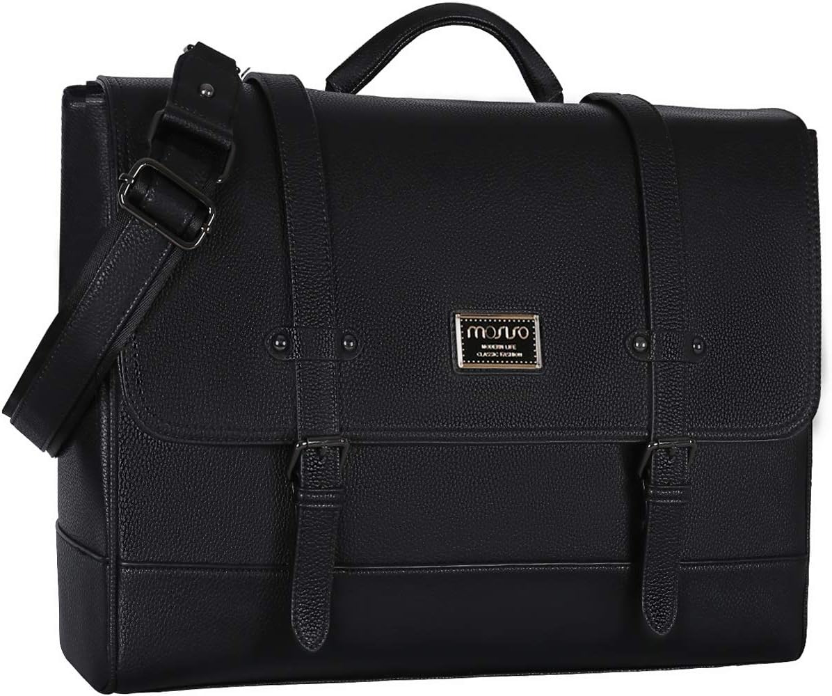 MOSISO Mens Laptop Shoulder Messenger Bag, 15.6 Inch Waterproof PU Leather Briefcase Large Satchel Durable Office School Business Bag Compatible MacBook Notebook Computer with 2 Front Buckle, Black