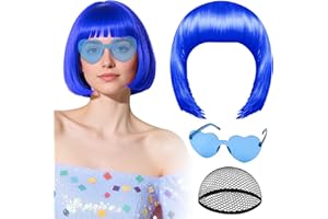 PLULON Blue Bob Wig with Heart Sunglasses and Hair Cap, Colorful Short Bob Wigs Synthetic Party Wigs Funny Cosplay Hairpieces